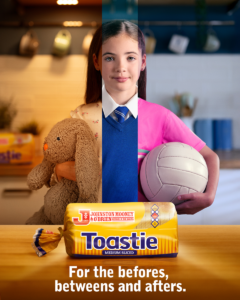 Image of a little girl split up three ways; Bedtime, School & Sports. She is standing in front of a kitchen counter with a loaf of Johnston Mooney & O'Brien Toastie in front of her.