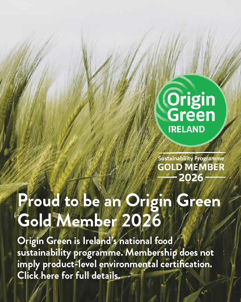 Green Ears of wheat in a field with the Origin Green Gold member emblem. Origin Green is Ireland’s national food sustainability programme. Membership does not imply product-level environmental certification. Click here for full details.