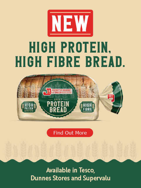 Image of Johnston Mooney & O'Brien's New Protein Bread. High In Protein and High in Fibre. Contains a 'Click to find out more' button. Available in Tesco, Dunnes Stores and Supervalu