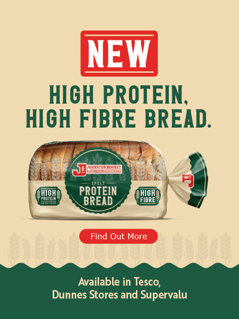 Image of Johnston Mooney & O'Brien's New Protein Bread. High In Protein and High in Fibre. Contains a 'Click to find out more' button. Available in Tesco, Dunnes Stores and Supervalu